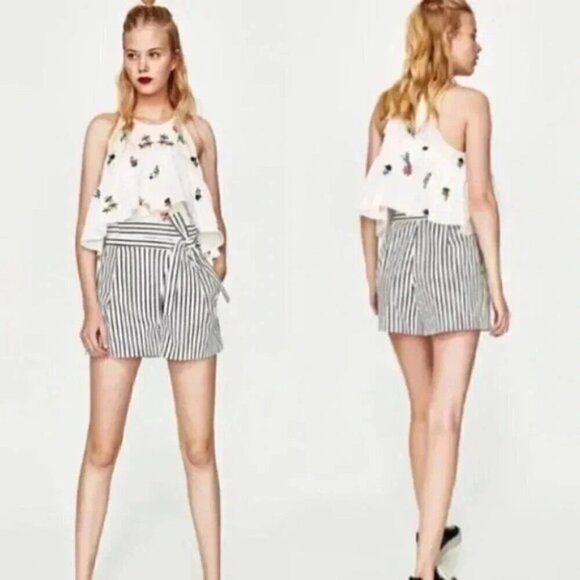 Zara Paper Bag Tie Short Waist Bow High Waist Pleated White Black Small - Picture 1 of 5